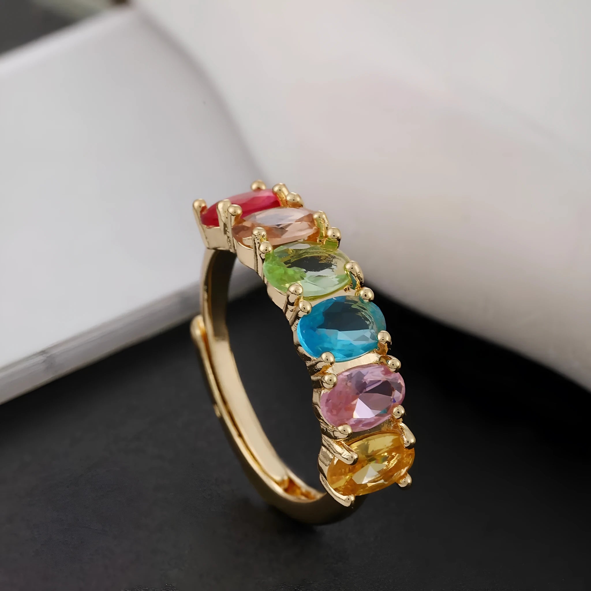 Gold electroplated adjustable women's ring with retro zircon stone on copper base