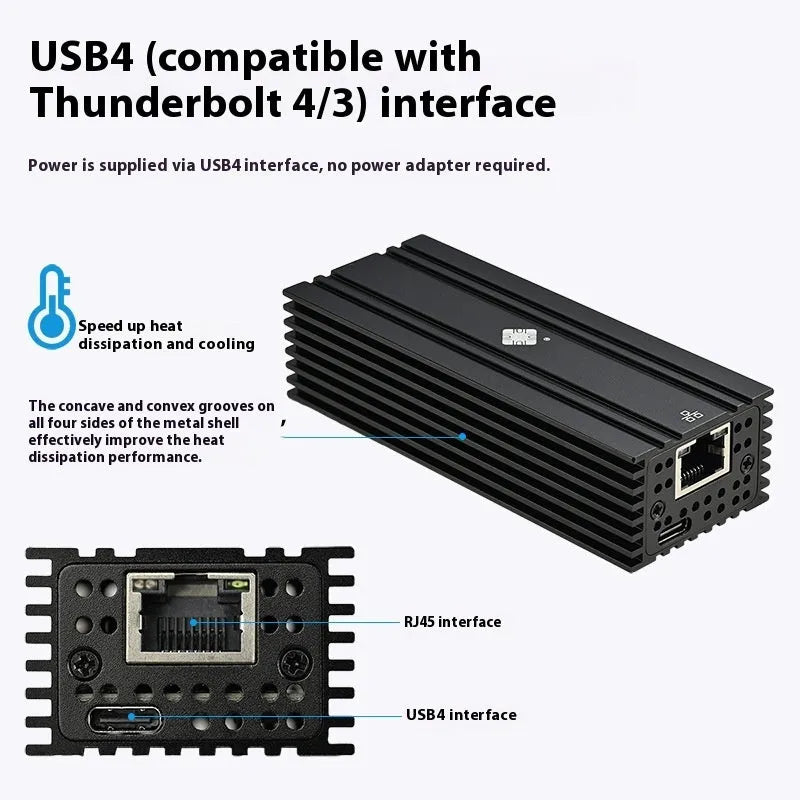 Black USB4 to 10 Gigabit Ethernet network adapter with USB-C cable, compact rectangular design