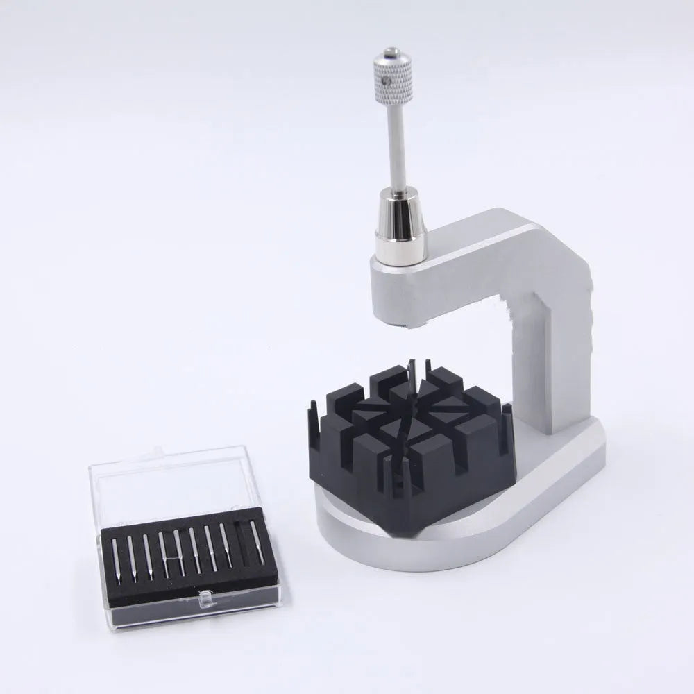 Silver tool steel press strap removal tool for watches and jewellery with metric blades.