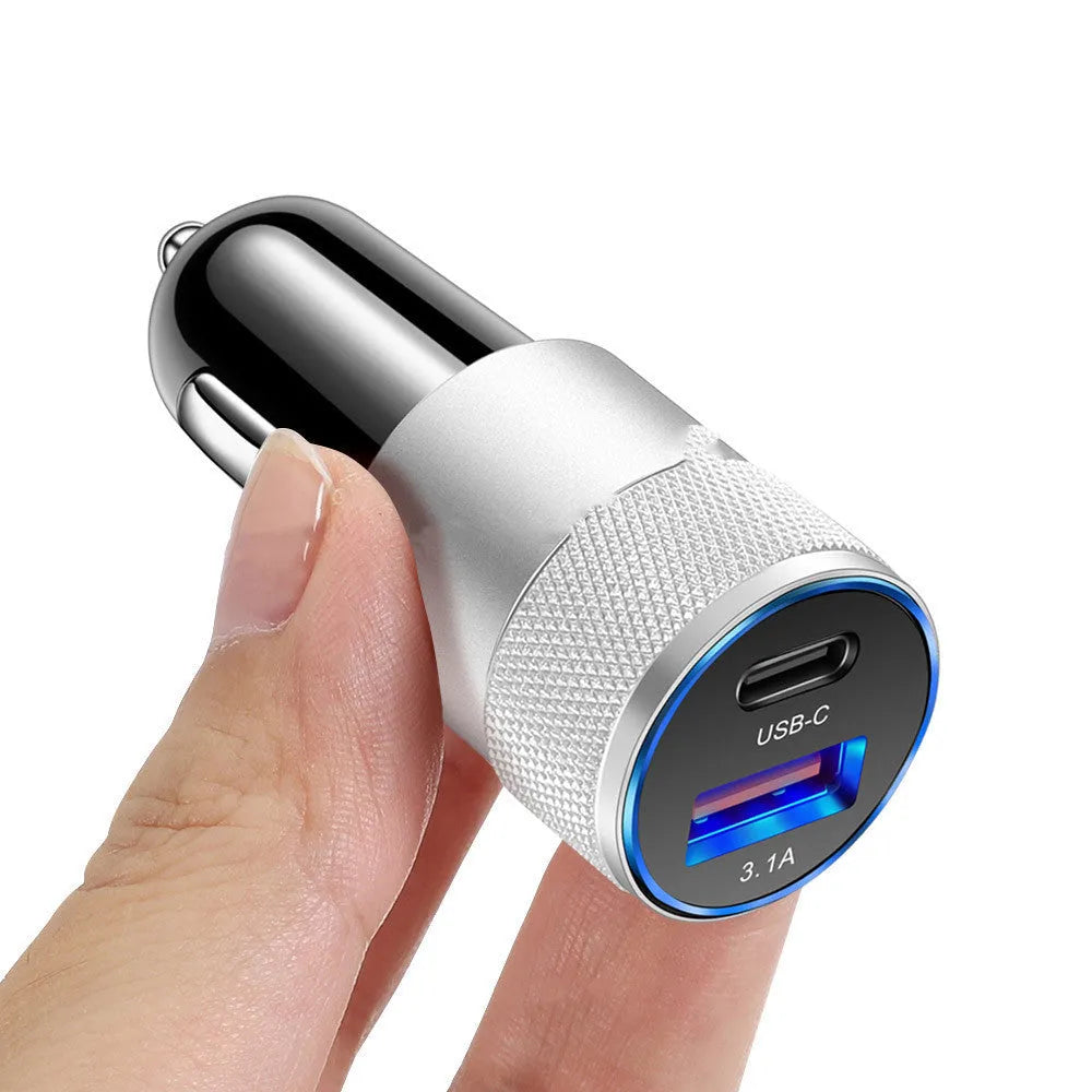Aluminium alloy car charger with USB ports for vehicle mobile phone charging