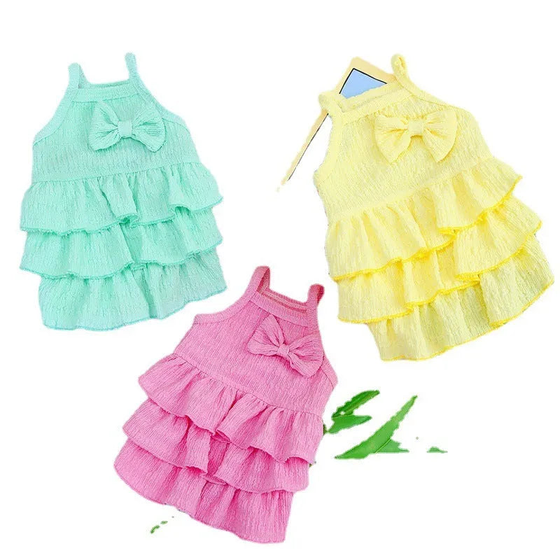 Small dog wearing polyester princess dress with layered skirt in rose red, yellow or water green colour