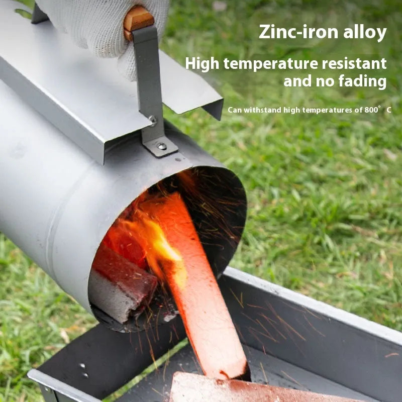 Outdoor charcoal fire igniter with zinc-iron alloy construction and carbon bucket style