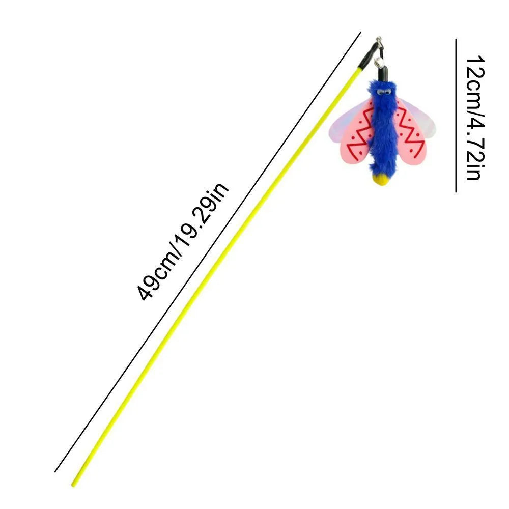 Blue cat wand toy with dragonfly attachment and bell on 49cm stick for interactive indoor play