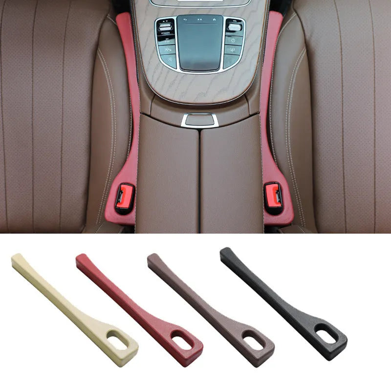Black polyurethane car seat gap filler strip preventing items falling between vehicle seats