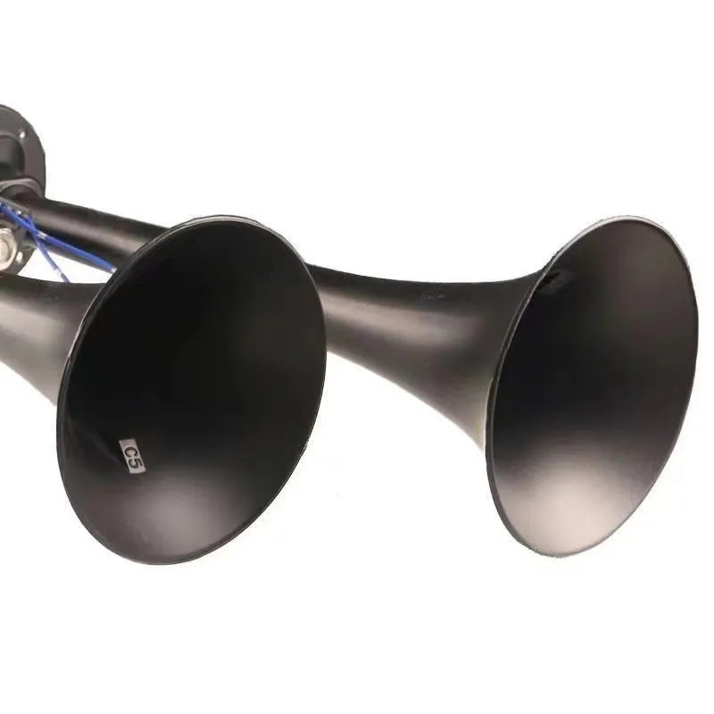 Black dual trumpet 12V 24V air horn kit for vehicles and trucks