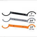 Three wrench set showing orange crescent, grey magnetic suction and black catheter locking designs with H251 model marking