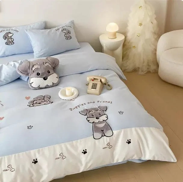 Schnauzer cartoon embroidery on a complete cotton bedding set with quilt cover, flat sheet, and pillowcases.