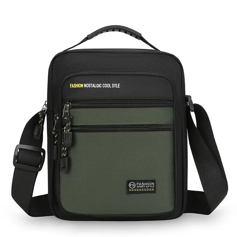 Men's waterproof nylon crossbody bag in green, shown with adjustable strap and sewing thread detail.
