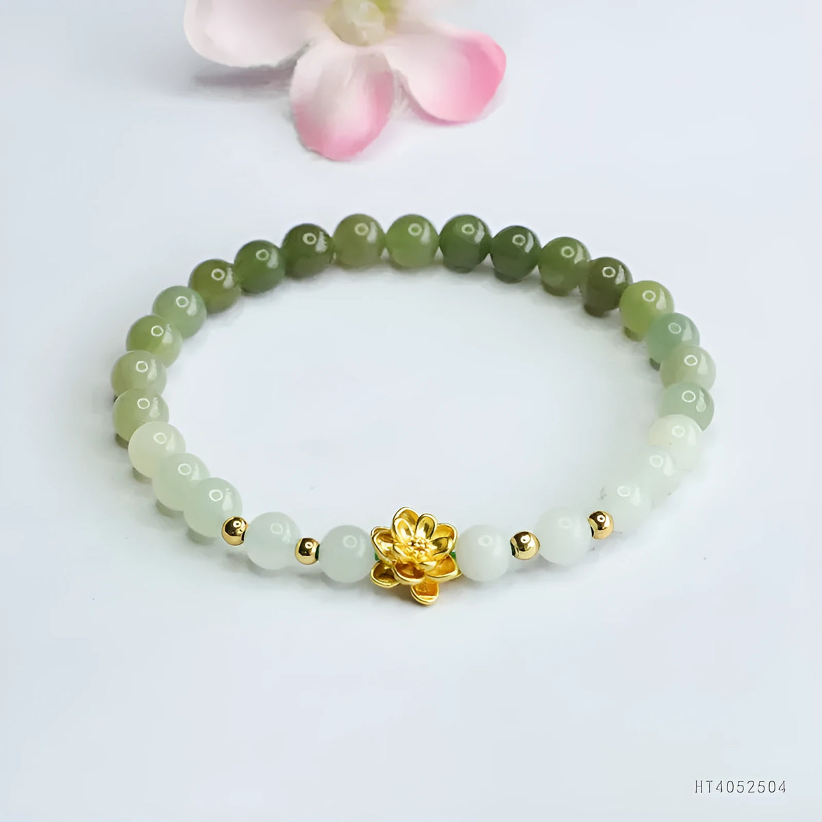 Hand-woven water gradient Hetian jade bracelet with 6mm flower beads in ancient national style