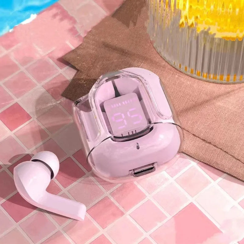 Transparent space capsule case true wireless Bluetooth headset in black, white, light blue, green, or peach colours