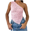 Women's sleeveless backless lace top with asymmetrical neckline in solid colour