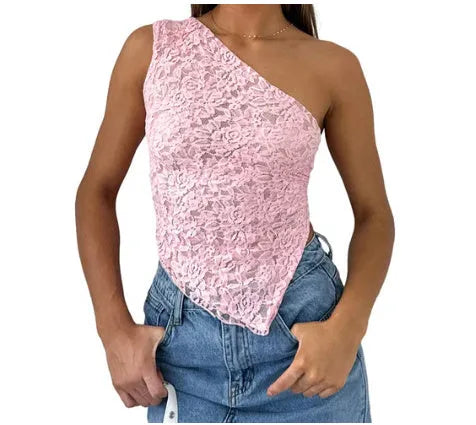 Women's sleeveless backless lace top with asymmetrical neckline in solid colour