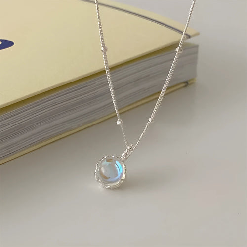 Women's 925 silver necklace with round stone pendant on curb chain, adjustable 41-50cm.