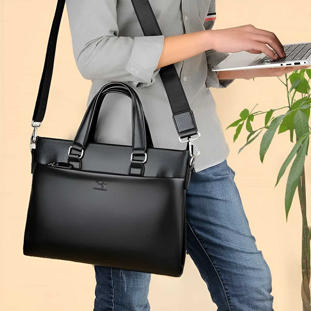 Men's black and brown PU leather business messenger bag with splicing style, shown with crossbody strap.