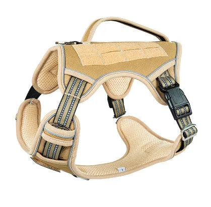 Tactical working dog chest strap harness made from black Oxford cloth, shown fitted on a dog.