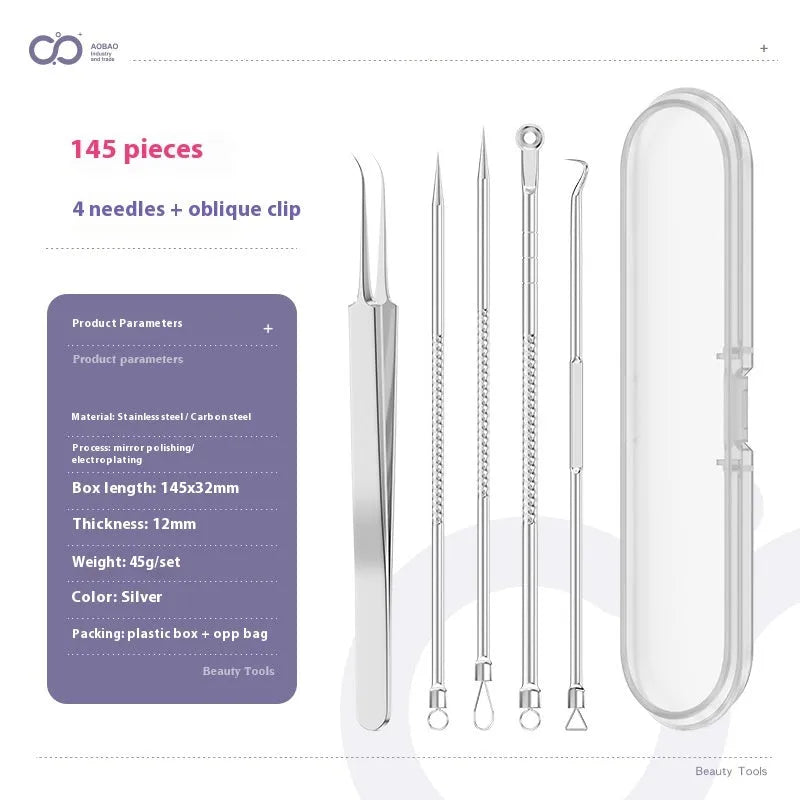 Four silver metal acne needles with ultra-fine pointed tips for skincare treatment.