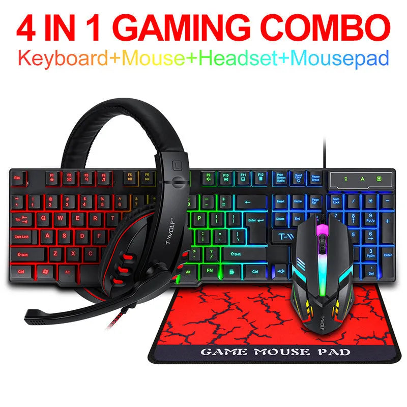 Thunder Wolf T800 wired gaming keyboard and mouse set with USB optical mouse and matching headset on mouse pad