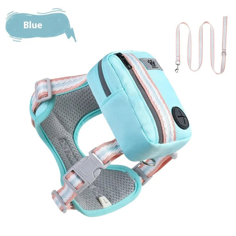 Explosion-proof anti-strangulation pet harness with 1.5m rope in green, blue, pink, yellow colours
