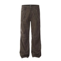 Men's brown loose fit straight leg cotton jeans with a high waist and zip fly on a hanger.