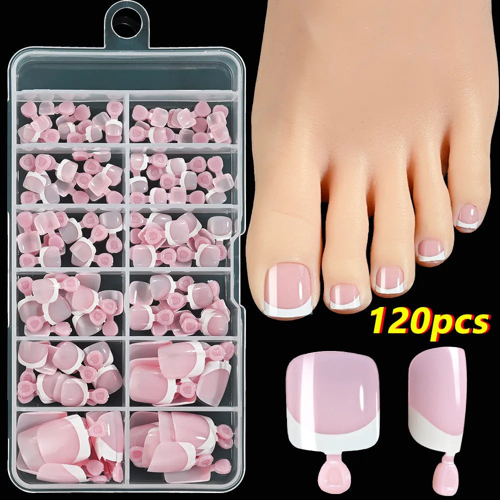 Box of 120 French white tip artificial toenails in nude colours, square short shape.