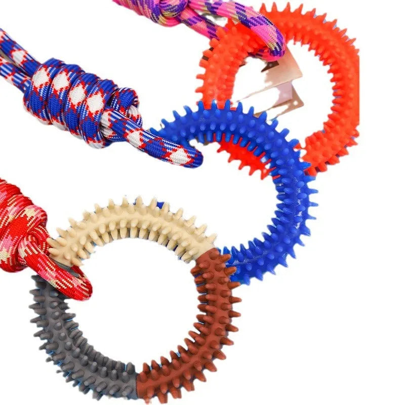 Bite resistant colourful braided rope dog toy with knots, measuring 43cm in length