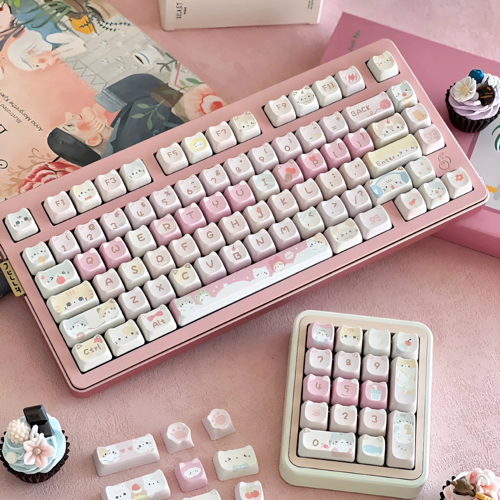 141 mechanical keyboard key cap set with Meow Meow Team design featuring five-sided sublimation printing
