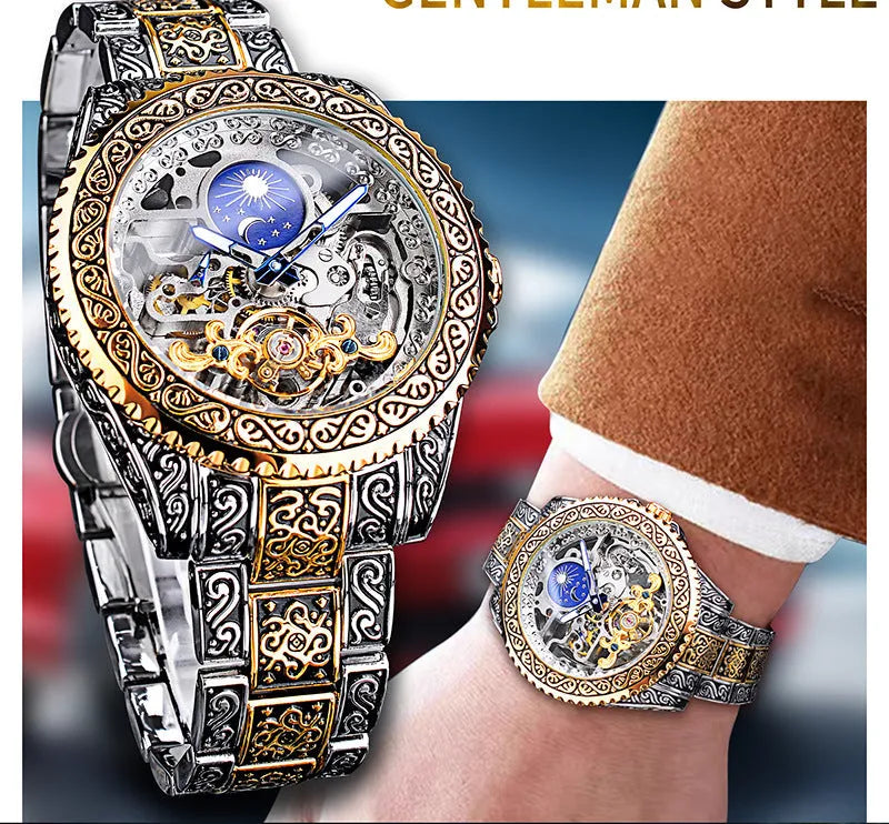 Forsining yellow skeleton tourbillon mechanical watch with stainless steel case