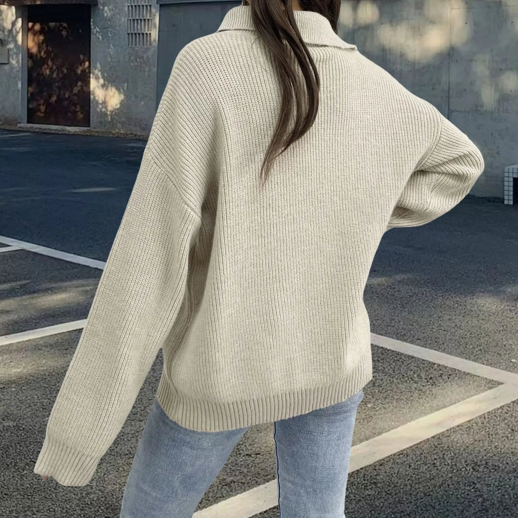 Women's light khaki alpaca wool pullover sweater with oblique zipper and retro turtleneck.