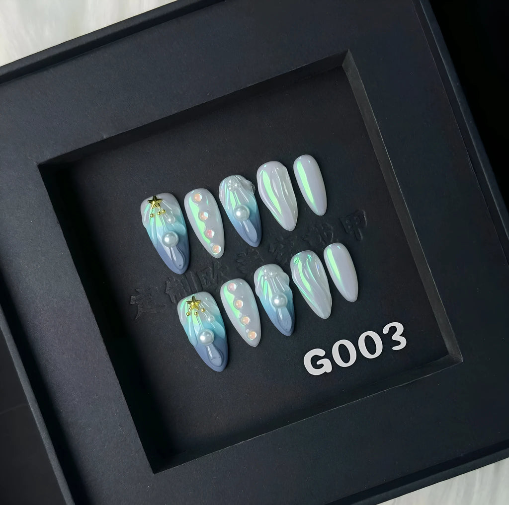 HAILANG blue plastic nail sticker set showing wearable artificial nails in four sizes