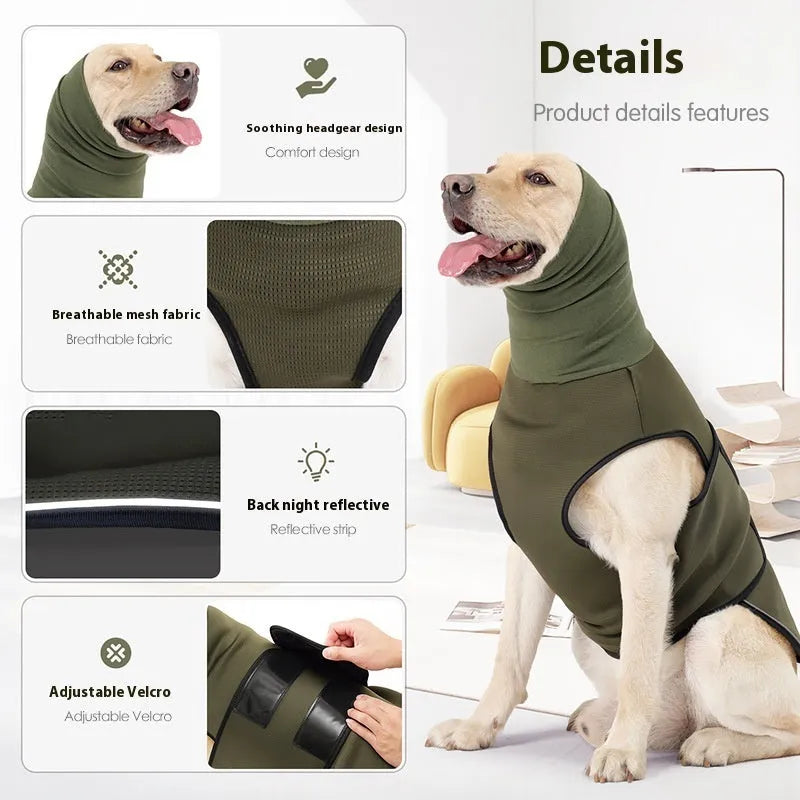 Army green dog anti-anxiety jacket wrapped around medium-sized dog
