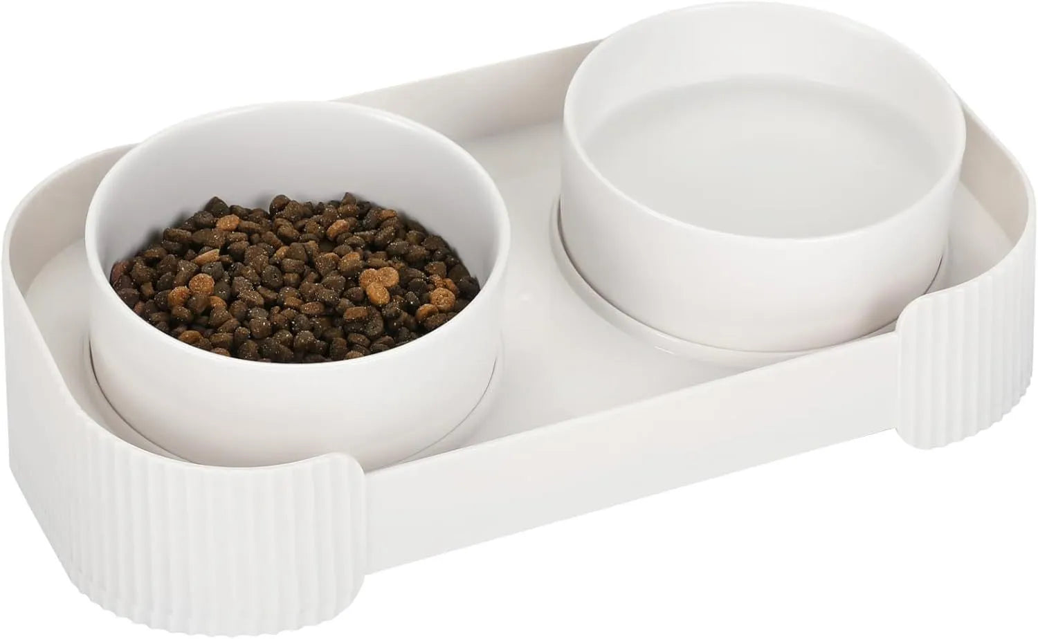Ceramic elevated cat bowls set with green bowls on tilted stand
