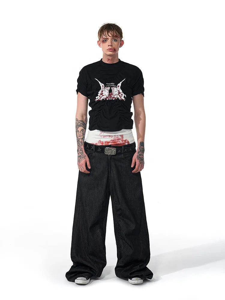 Men's black printed summer shirt with slim fit and Korean style pleating details
