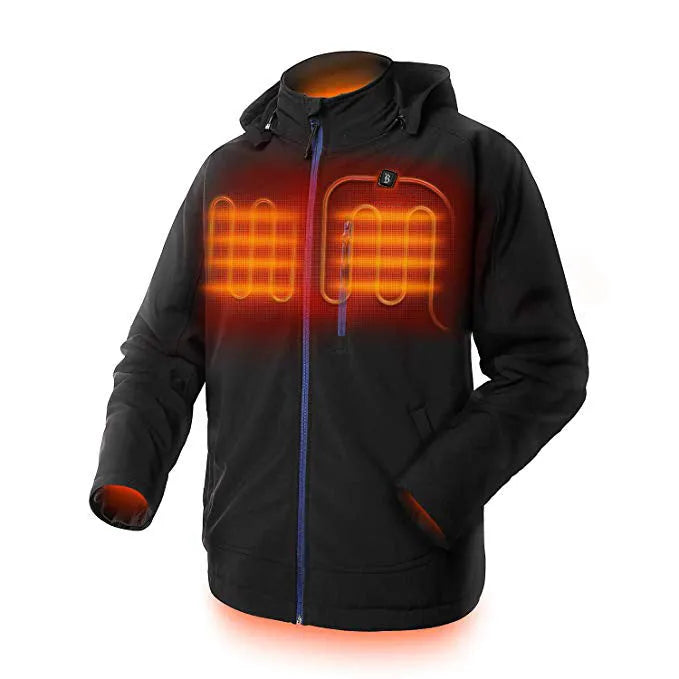 Black men's USB heated waterproof winter coat with zipper pockets and straight hem.