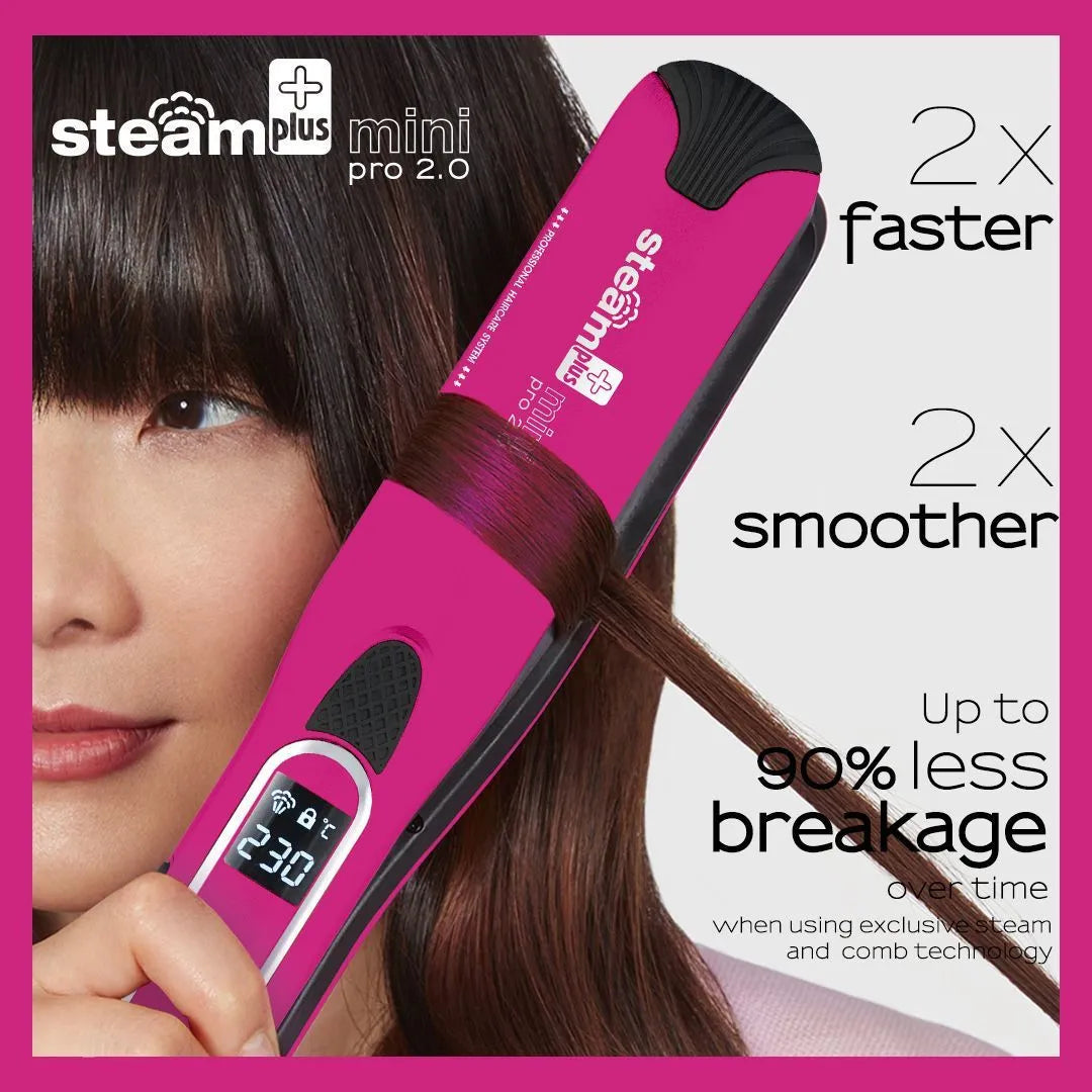 Mini steam hair straightener in purple colour with steam function display