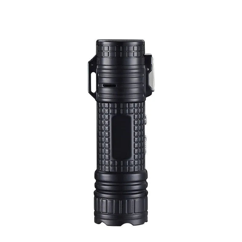 TH727 multi-function metal waterproof flashlight lighter in camouflage, red, black, blue, and yellow colour options.