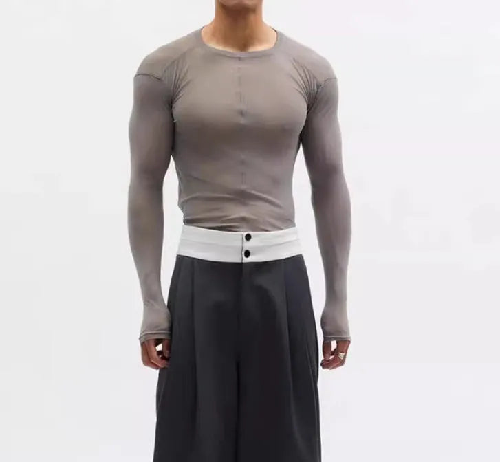 Black mesh texture slim-fit pullover with long sleeves and round collar