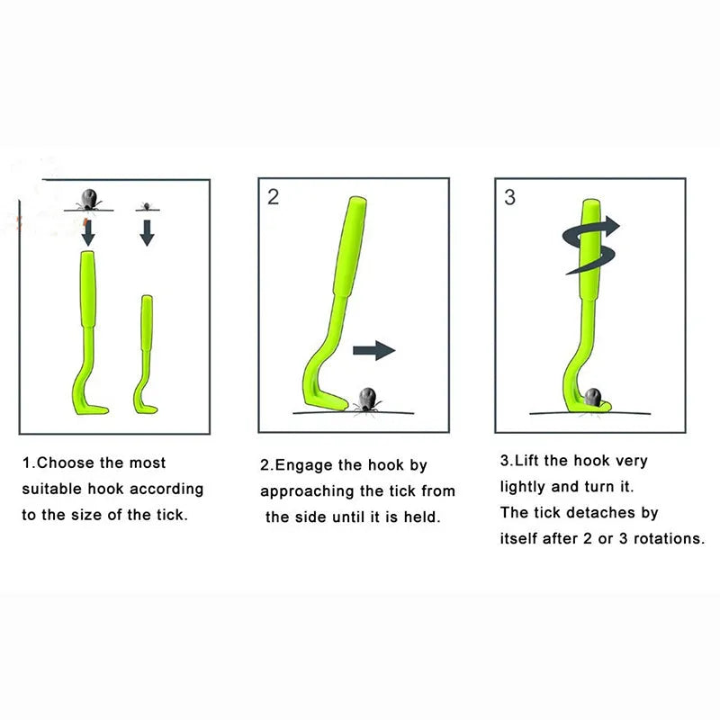 Three plastic pet tick removal hooks in blue or green colours for dog and cat grooming