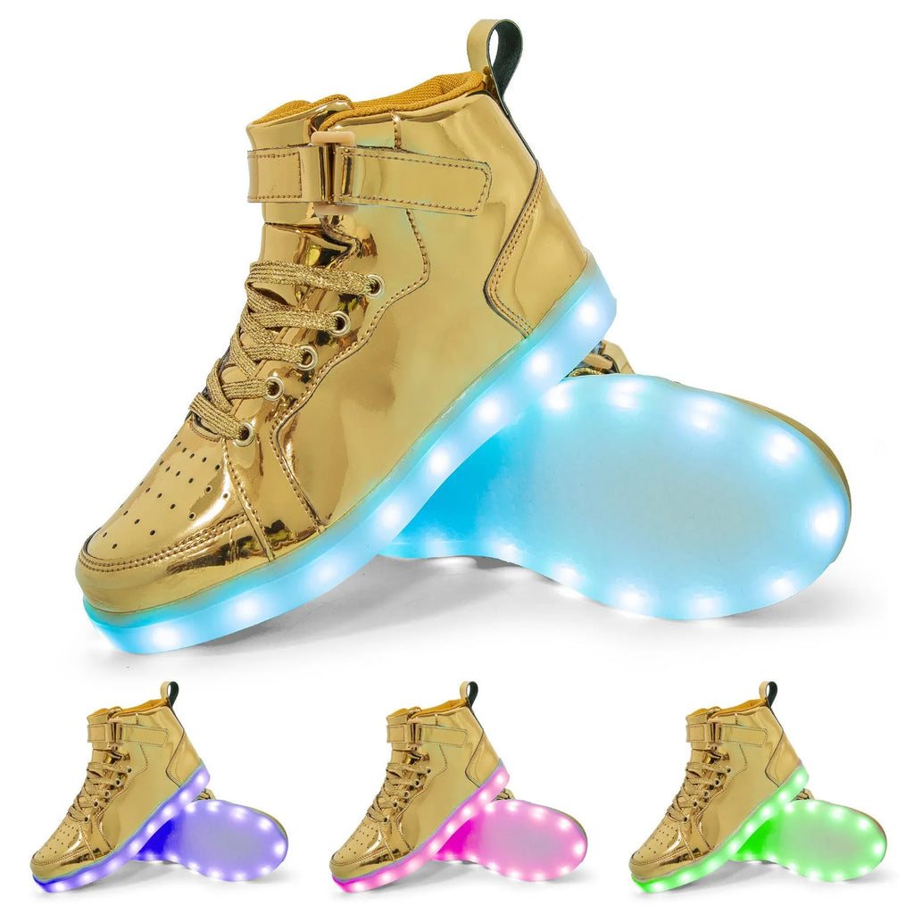 LED light-up high-top board shoes in black, gold, or white with Velcro straps and rubber sole.