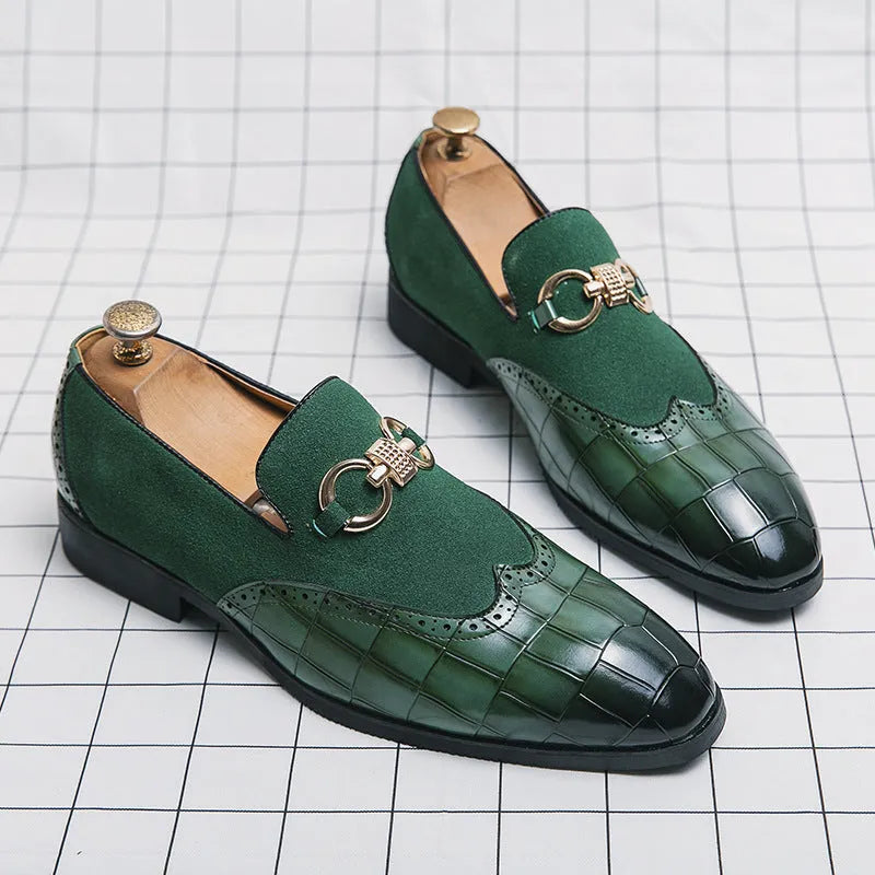 Korean style men's pointed toe leather shoes in black and green colours with rubber soles