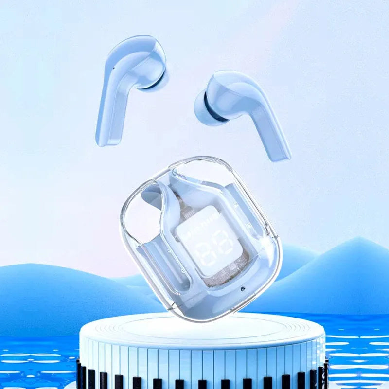 Transparent space capsule case true wireless Bluetooth headset in black, white, light blue, green, or peach colours
