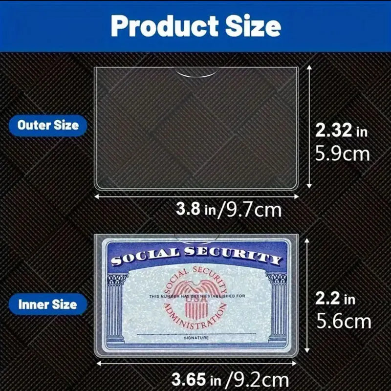 Transparent waterproof PVC ID card holder for social security cards measuring 9.7 by 5.9 cm