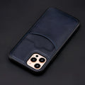 Dark blue PU leather protective case for iPhone showing front and back views