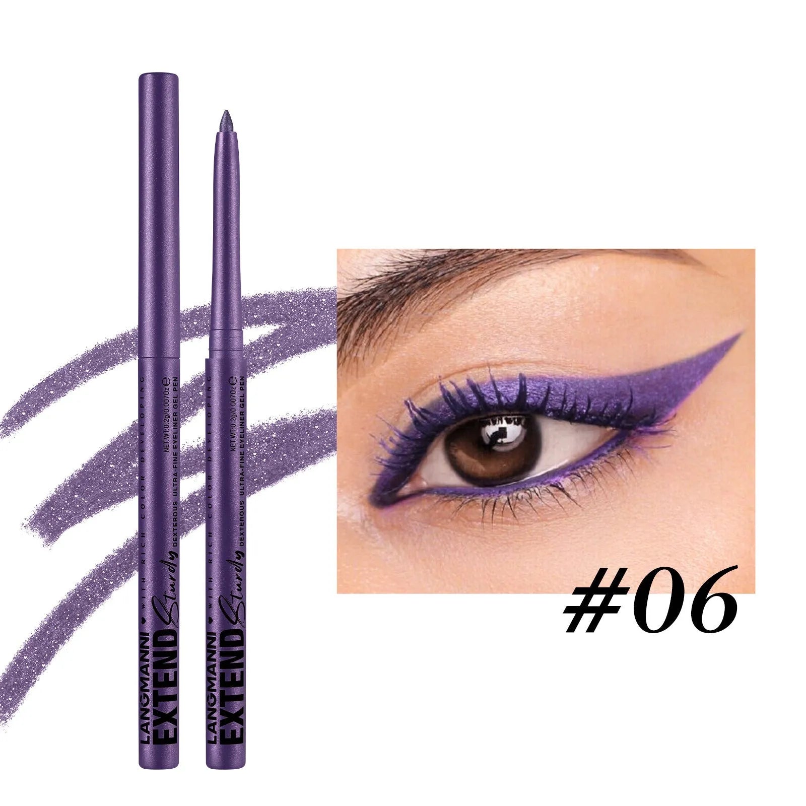 Set of 12 colourful gel glitter eyeliner pencils with various shades on white background