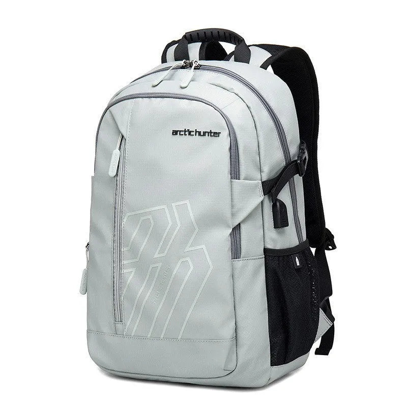 Casual plaid pattern computer backpack with a curved shoulder strap, shown in blue colour.
