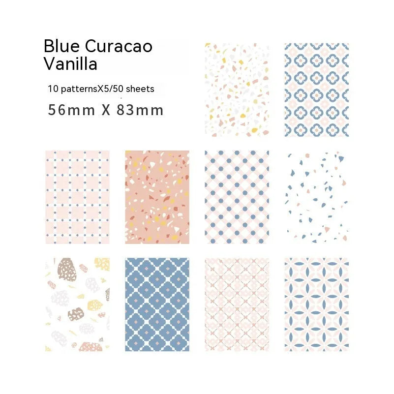 50 pieces of retro dessert-themed collage note paper in assorted colours measuring 56mm by 83mm