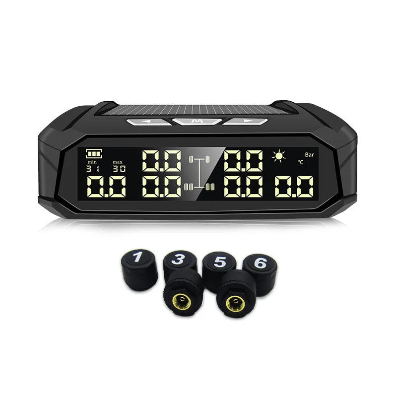 Solar-powered external tyre pressure monitor for six-wheel RVs and trucks with colour display