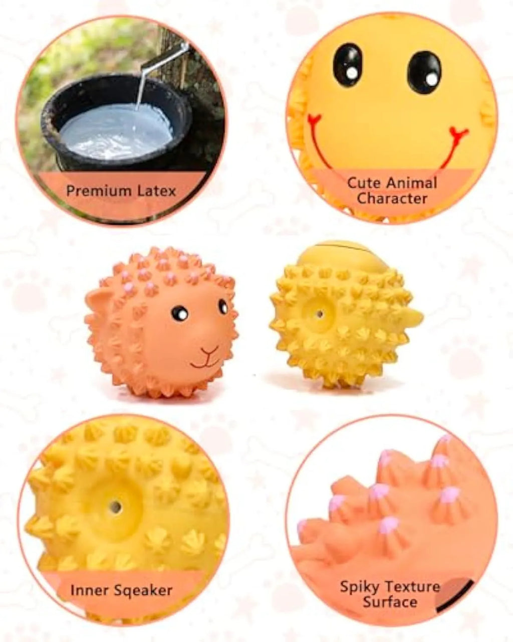 Orange and yellow spiky latex animal dog toys with squeakers for small medium breeds.