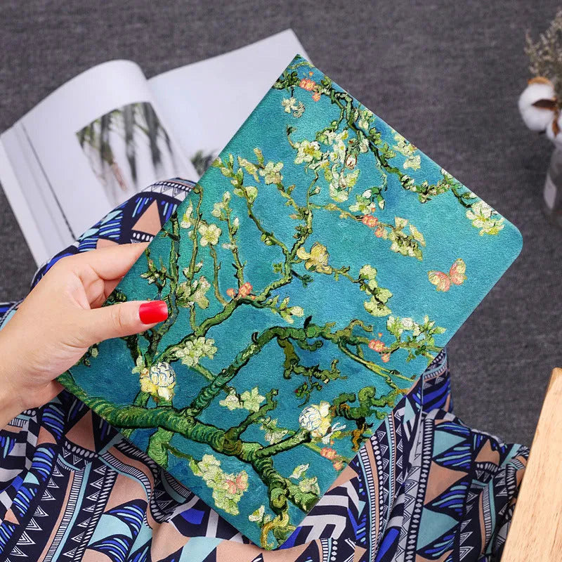Handmade liquid silicone iPad flip case with hand-painted floral design in apricot flower pattern