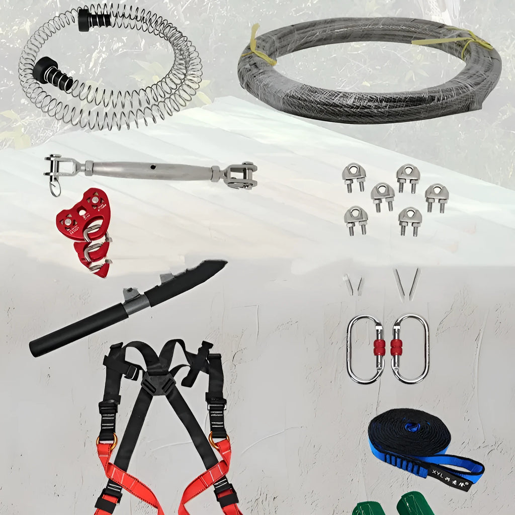 XYL Ziptreck children's 10m outdoor pulley slide rope kit with handle, retractor, and alloy steel components.