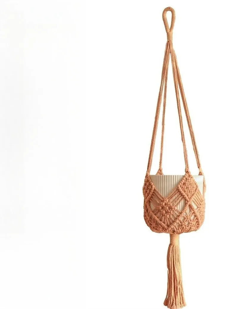 Hand-woven minimalist flower pot in polyester cotton showing net pocket extension cord design